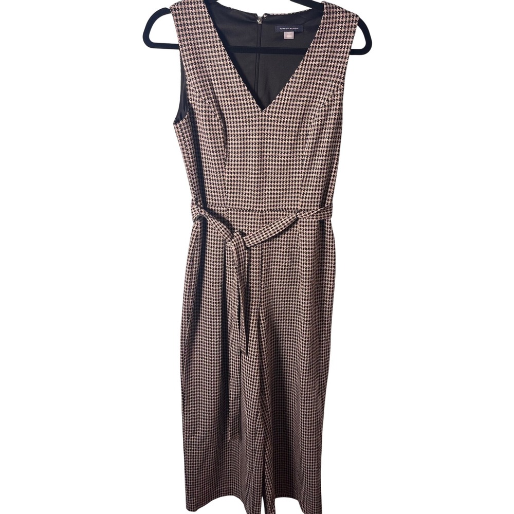 Tommy Hilfiger Houndstooth Sleeveless Jumpsuit Brown Black Tie Waist Size‎ 2
